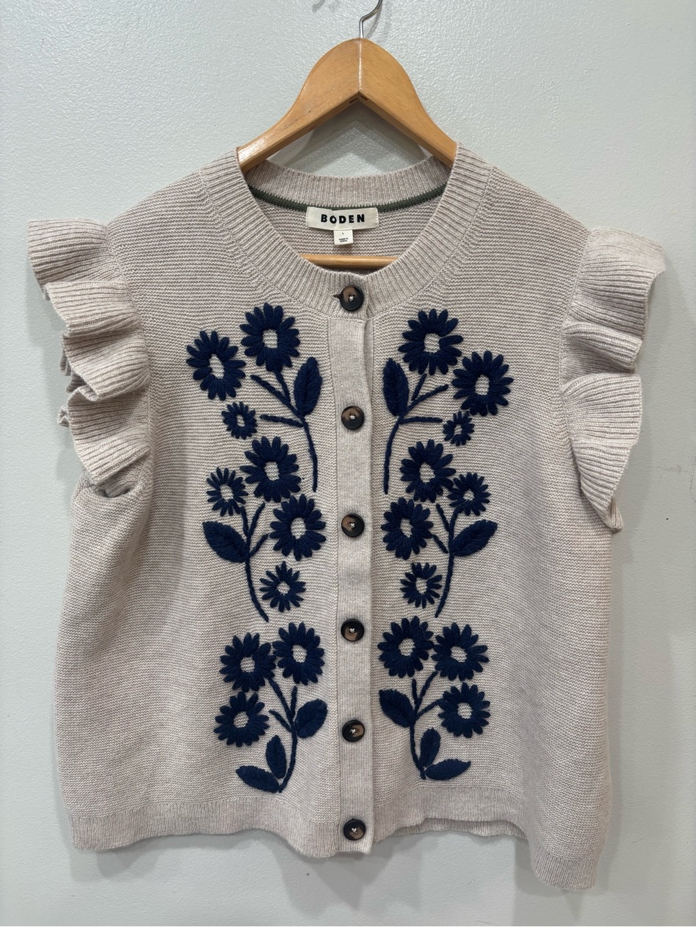 Boden Frill Detail Embroidered Wool Blend Waistcoat Sweater Women’s Large